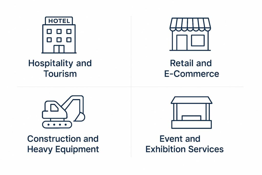 Industries We Serve a collection of six simple, navy blue, line drawn compressed